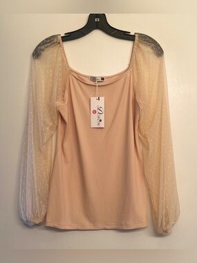 Dorose  blouse sheer, Swiss dot mesh long sleeves ribbed knit  size M